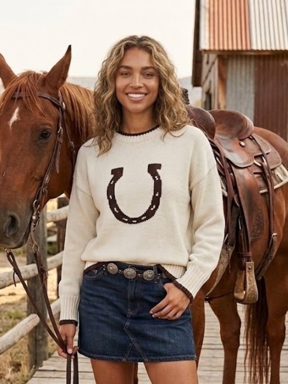 Soho & Stella Cream Horseshoe Crewneck Sweater - Women's